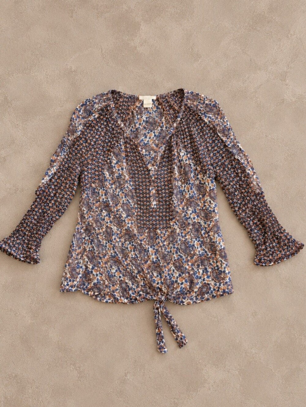 Lucky Brand Brown and Blue Mixed-Print Tie-Front Boho Blouse